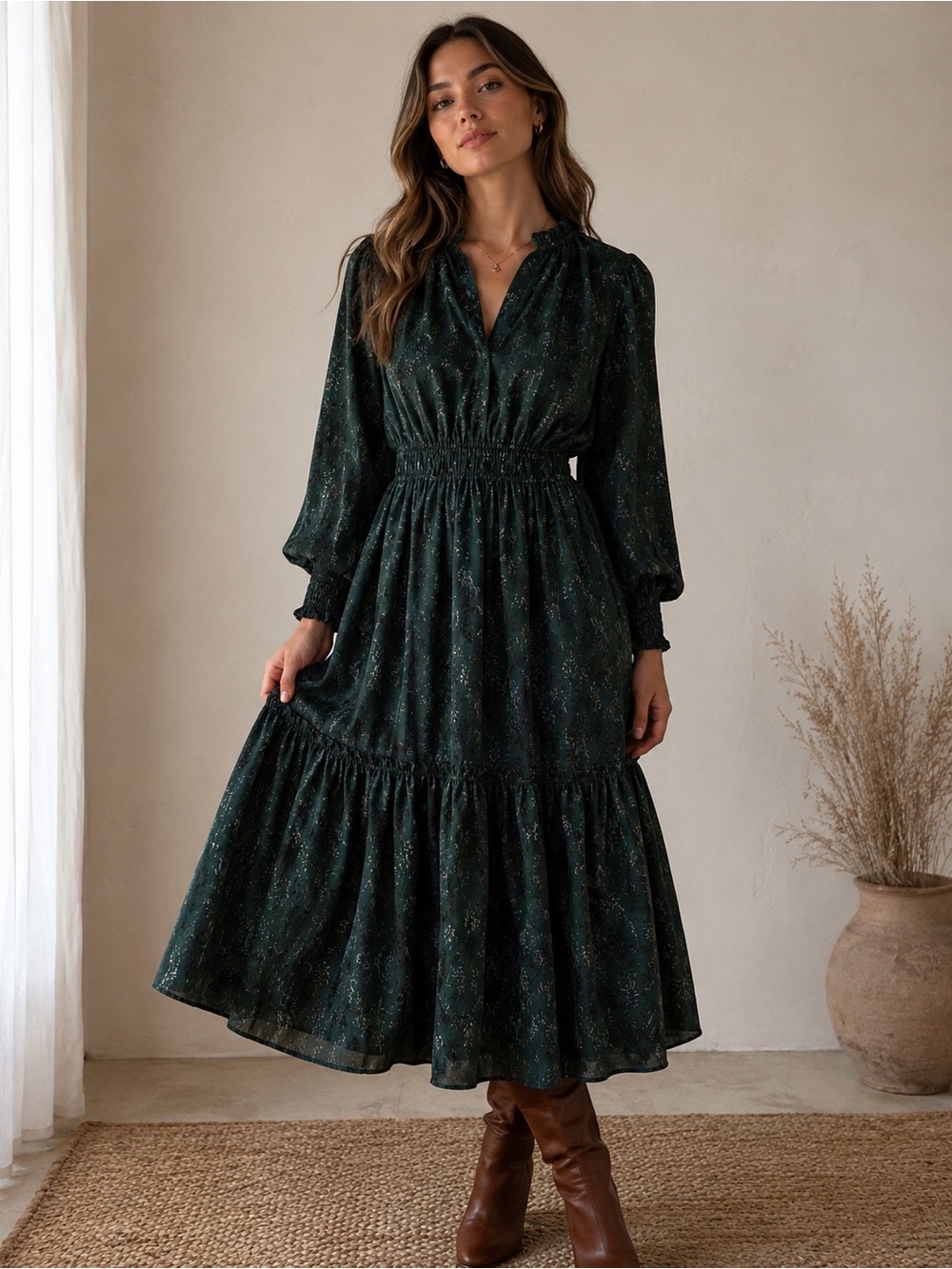 Anthropologie Dark Green Long Sleeve Tiered Maxi Dress